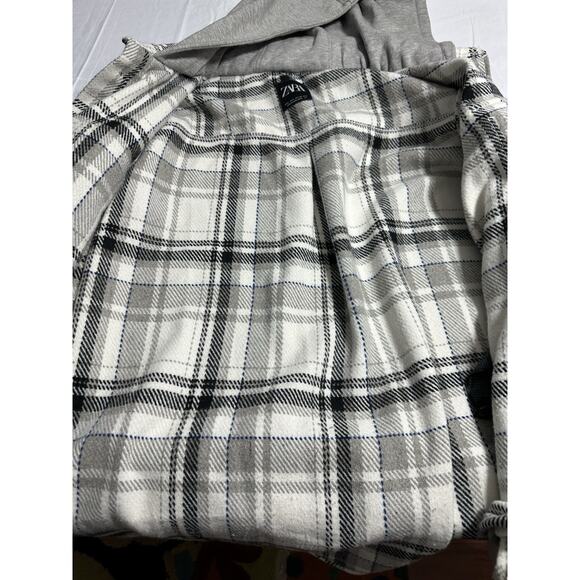 Zara Men's Plaid Shacket Button Up Hooded Shirt Jacket Cream Gray Black size L - Picture 9 of 12